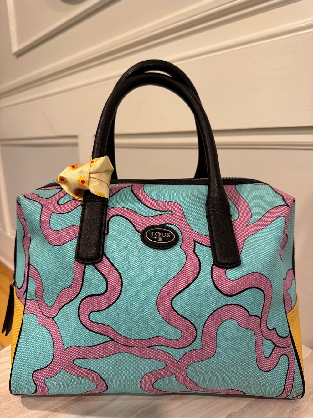 TOUS Bag Celeste Aqua Blue & Pink Patterned Satchel Bag - Picture 4 of 17